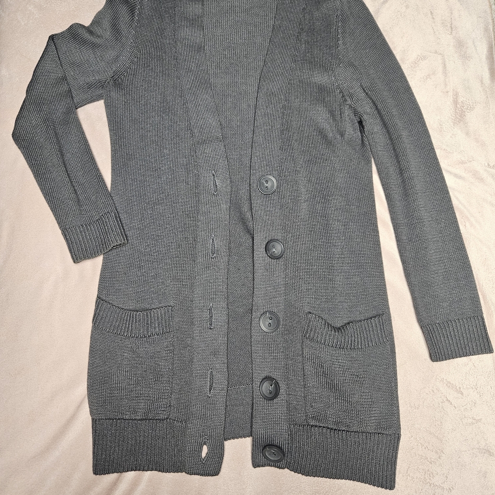 Women's Long Gray Button-Front Cardigan with Patch Pockets